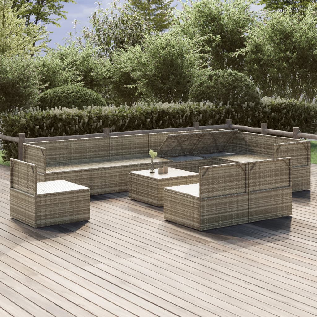 Градински комплект с възглавници, 11 части, сив, полиратан