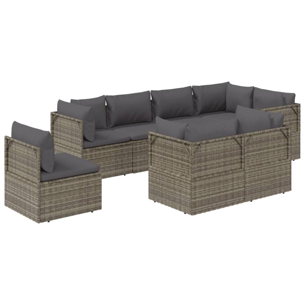 Градински комплект с възглавници, 8 части, полиратан, сив