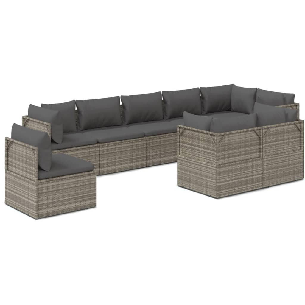 Градински лаундж комплект с възглавници 9 части сив полиратан