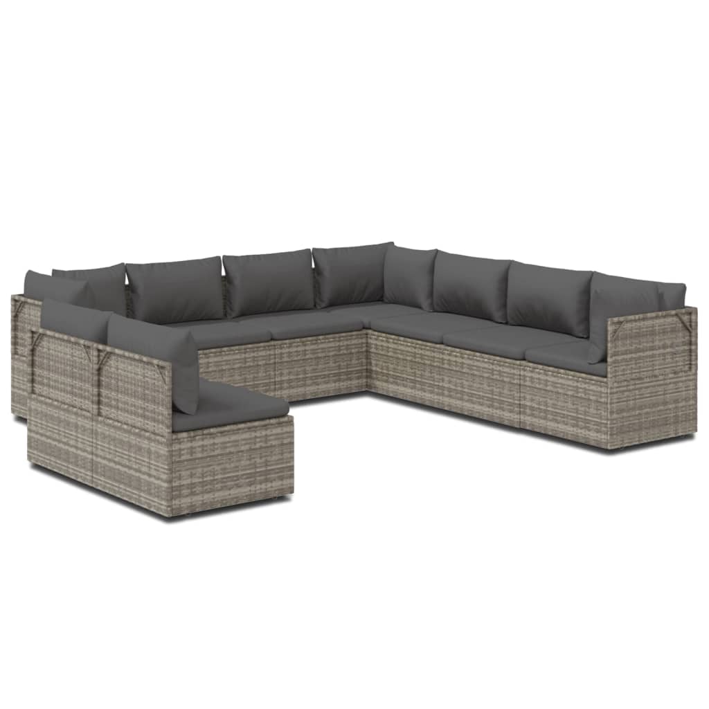 Градински лаундж комплект с възглавници 9 части сив полиратан