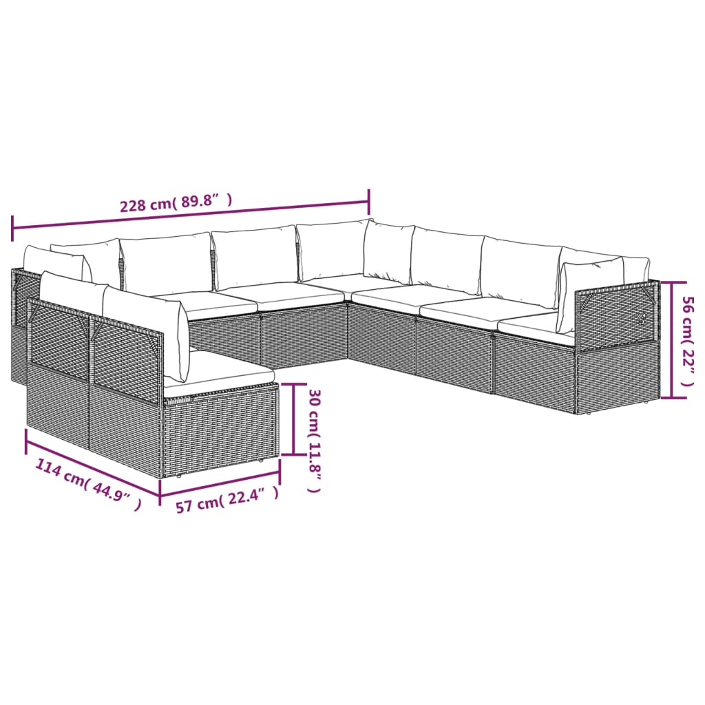 Градински лаундж комплект с възглавници 9 части сив полиратан