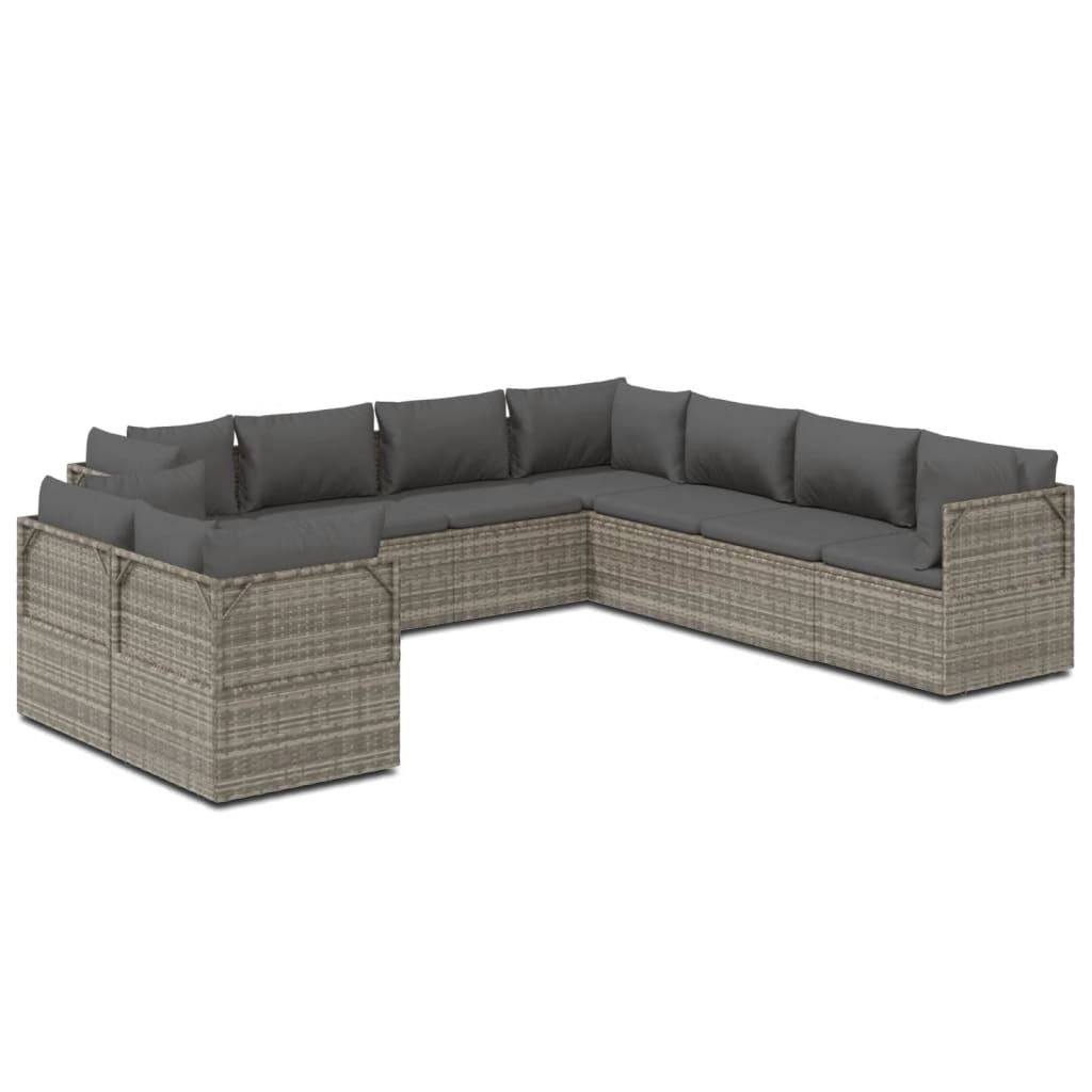 Градински лаундж комплект с възглавници 9 части сив полиратан