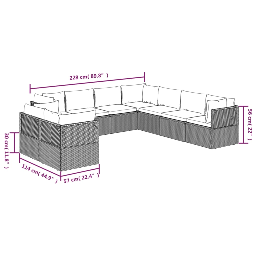 Градински лаундж комплект с възглавници 9 части сив полиратан