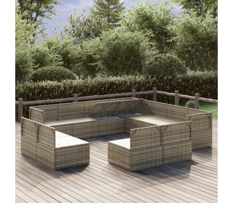 vidaXL 11-tlg. Garten-Lounge-Set mit Kissen Grau Poly Rattan