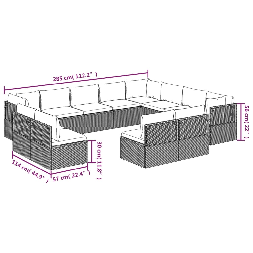 Градински лаундж комплект с възглавници 12 части сив полиратан