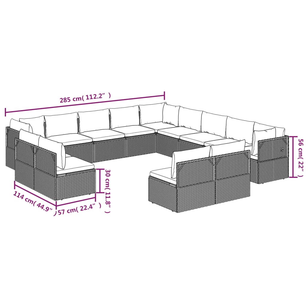 Градински комплект с възглавници 13 части сив полиратан