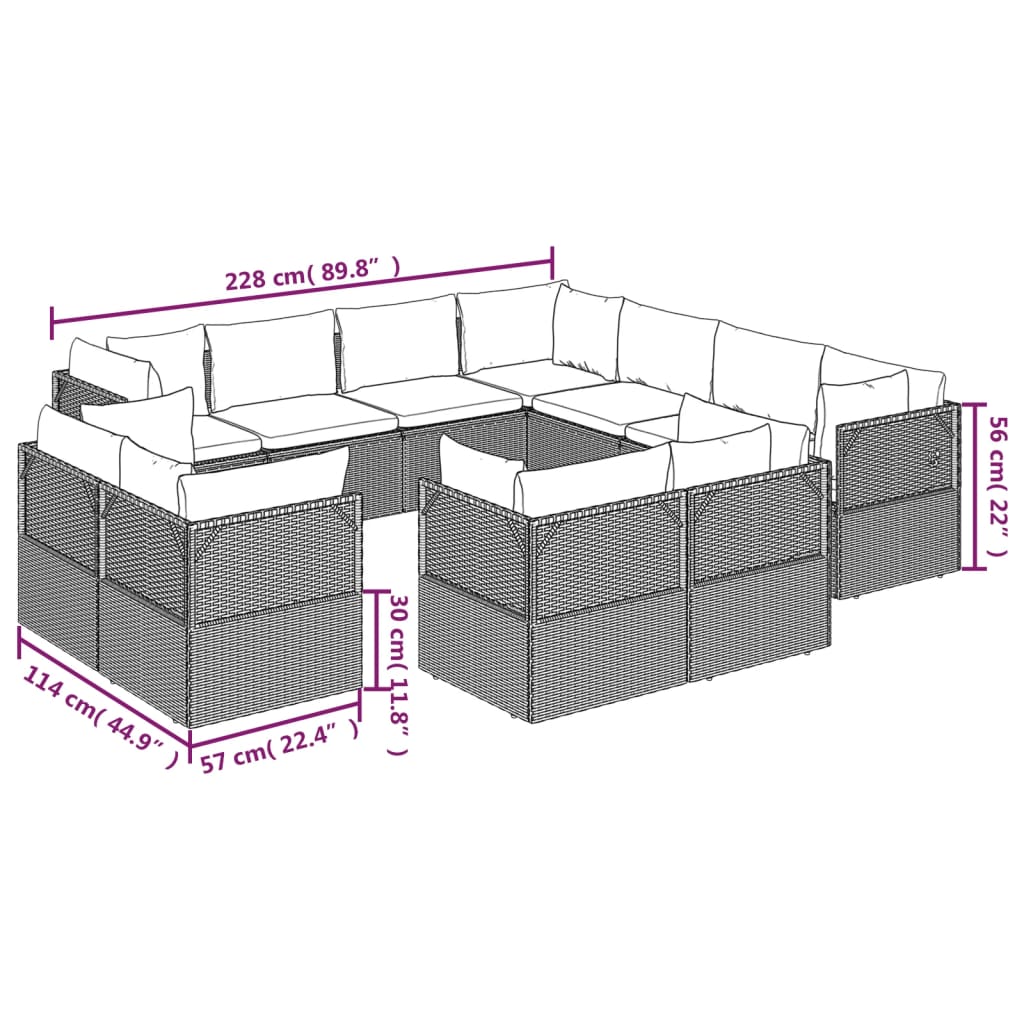 Градински комплект с възглавници, 11 части, сив, полиратан