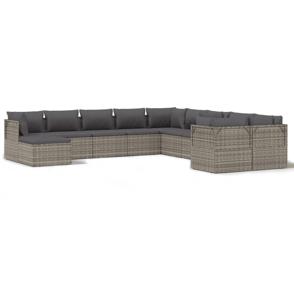 Градински комплект с възглавници, 11 части, сив, полиратан