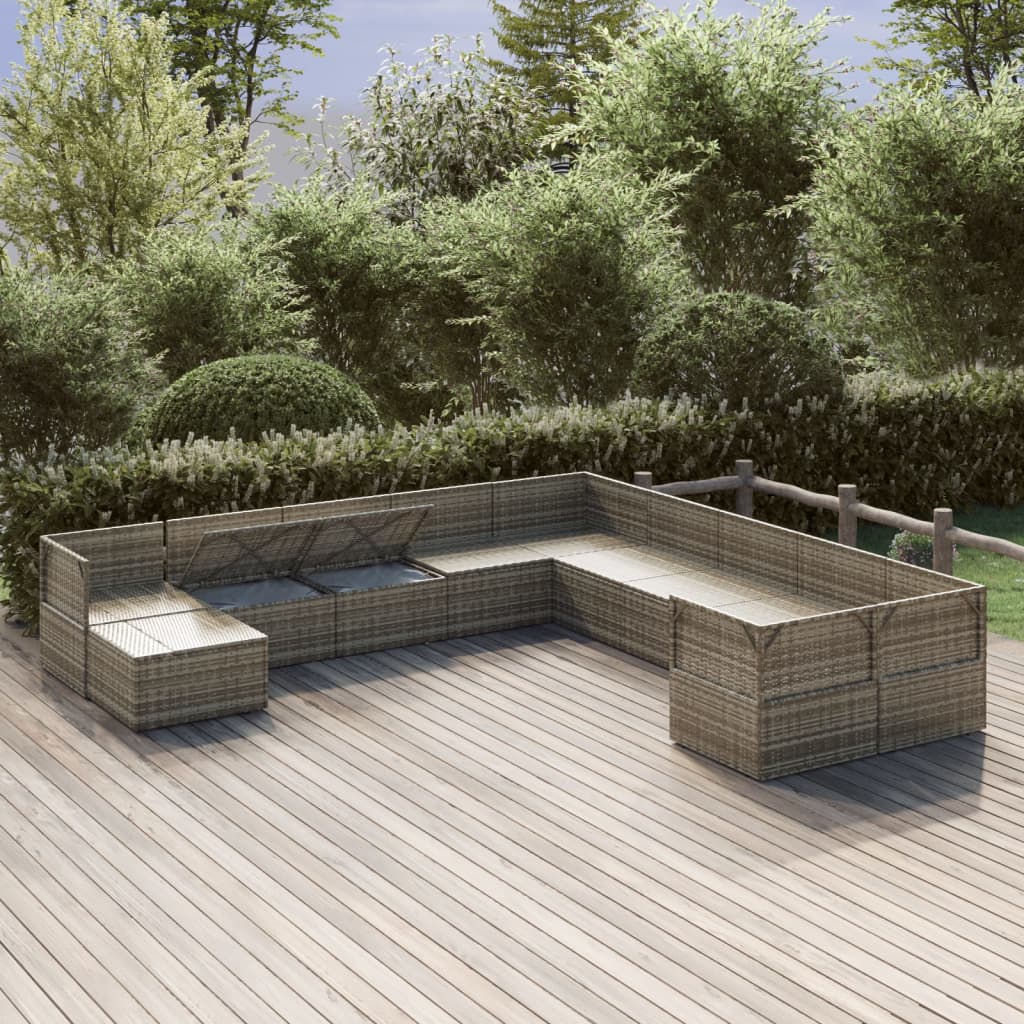 Градински комплект с възглавници, 11 части, сив, полиратан