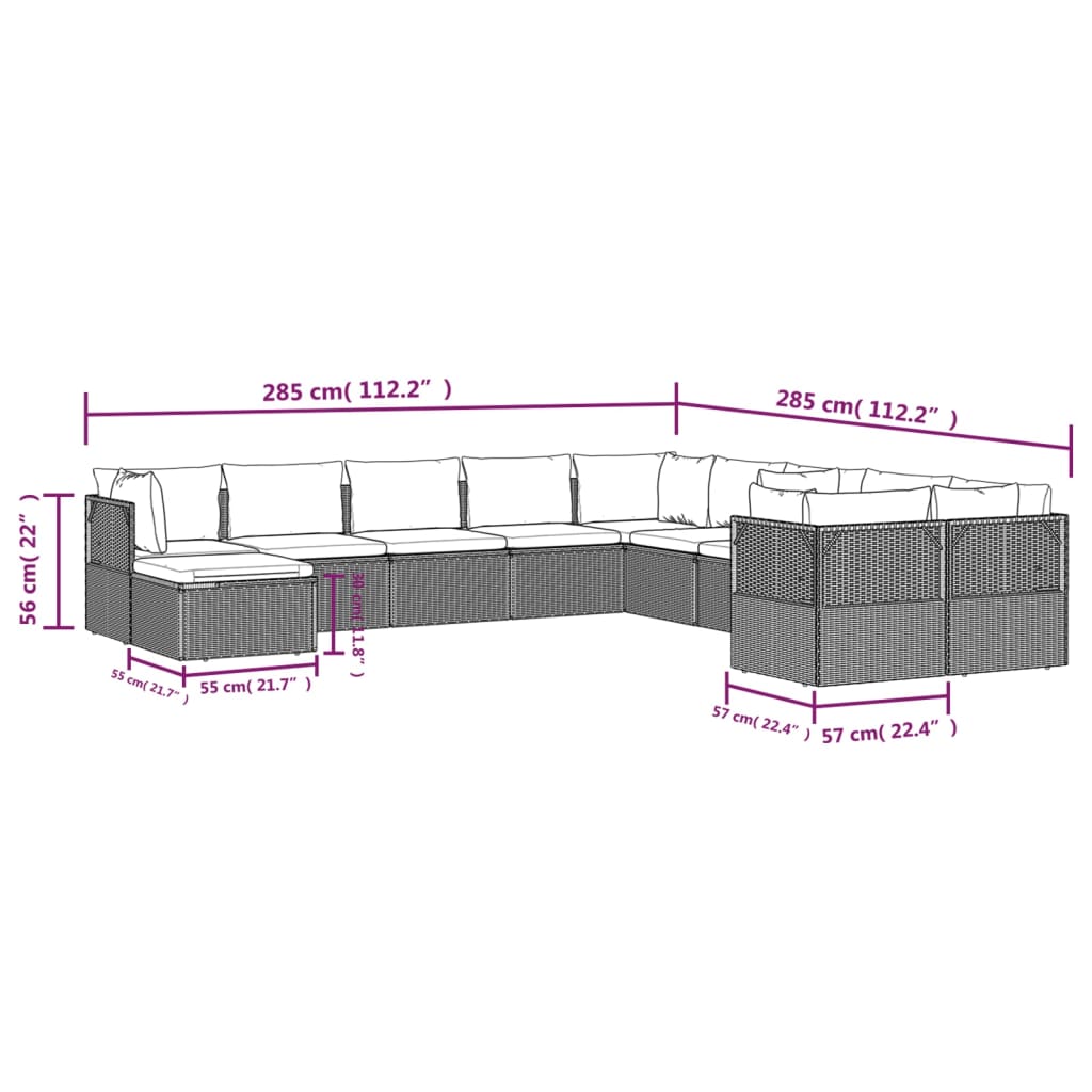 Градински комплект с възглавници, 11 части, сив, полиратан