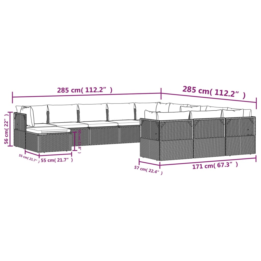 Градински лаундж комплект с възглавници 12 части сив полиратан