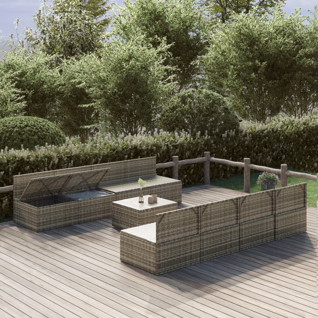 Градински лаундж комплект с възглавници 9 части сив полиратан