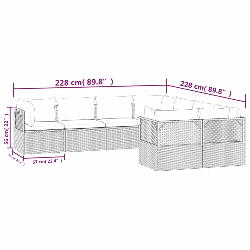 Градински комплект с възглавници, 8 части, полиратан, сив