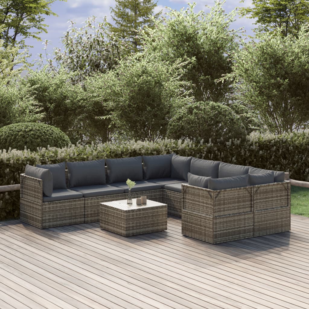 vida XL 9-tlg. Garten-Lounge-Set mit Kissen Grau Poly Rattan