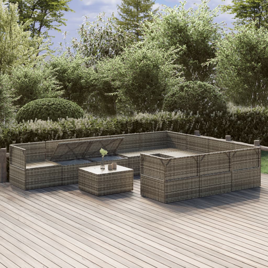 Градински комплект с възглавници, 11 части, сив, полиратан