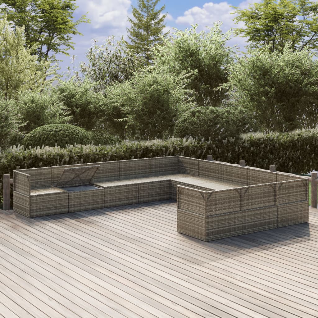 Градински комплект с възглавници, 11 части, сив, полиратан