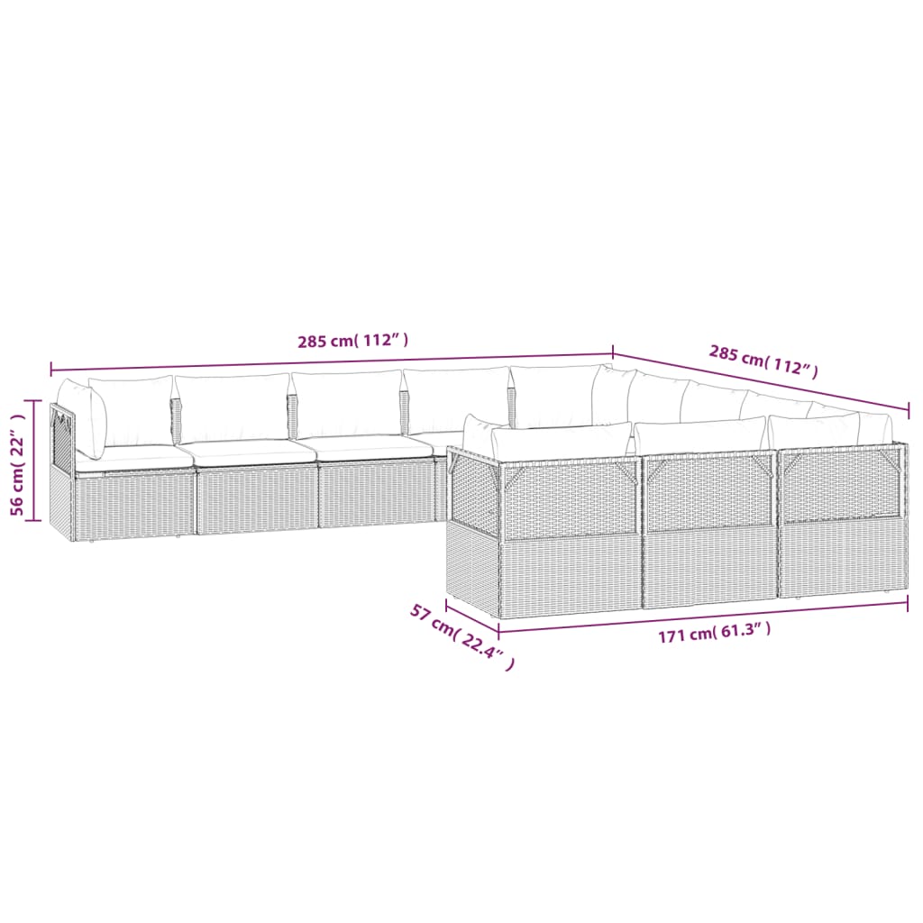 Градински комплект с възглавници, 11 части, сив, полиратан
