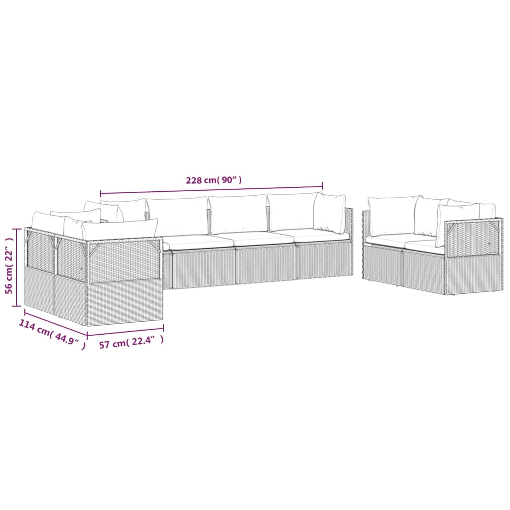 Градински комплект с възглавници, 8 части, полиратан, сив
