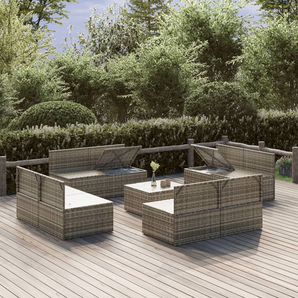 Градински лаундж комплект с възглавници 9 части сив полиратан