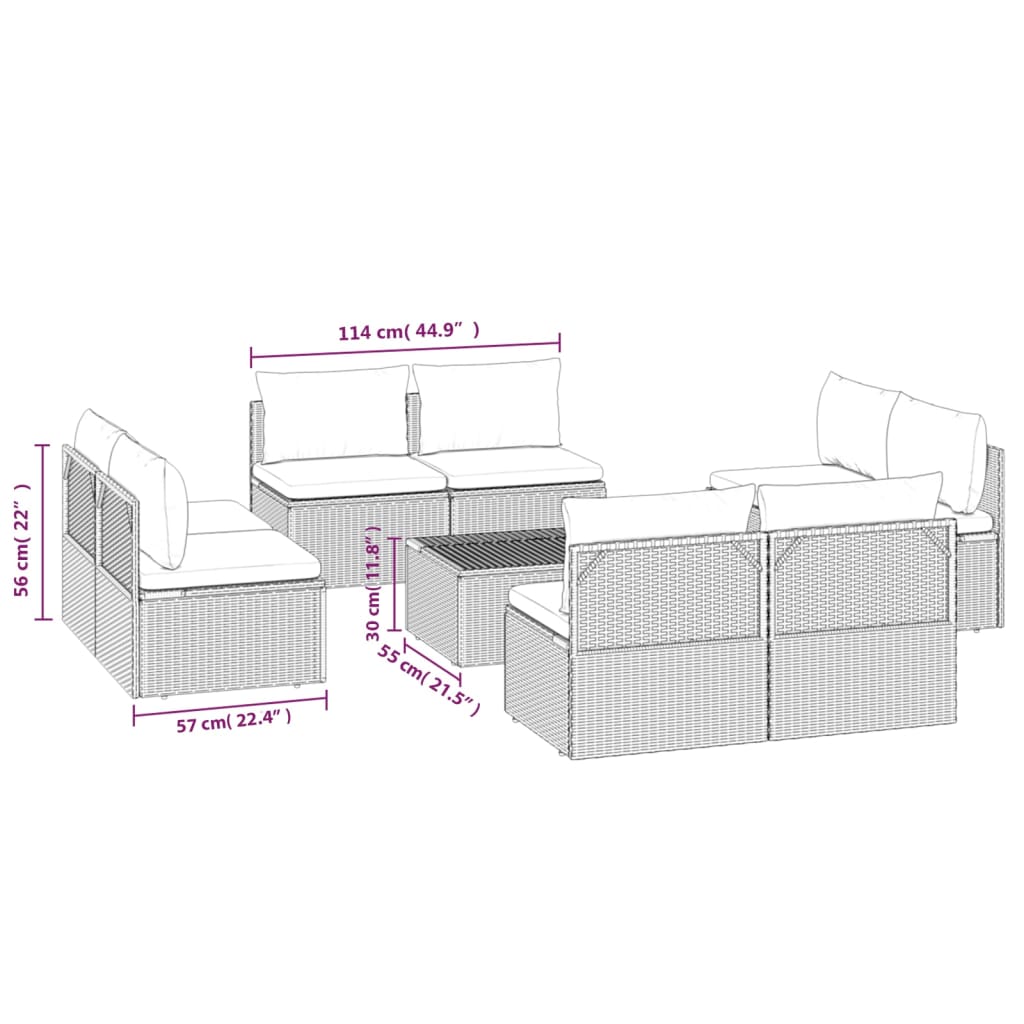 Градински лаундж комплект с възглавници 9 части сив полиратан