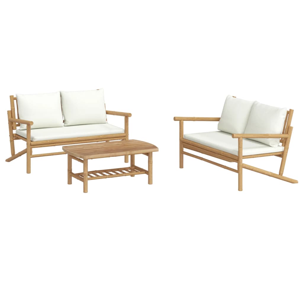vidaXL 3-delige Loungeset met kussens bamboe crèmewit afbeelding