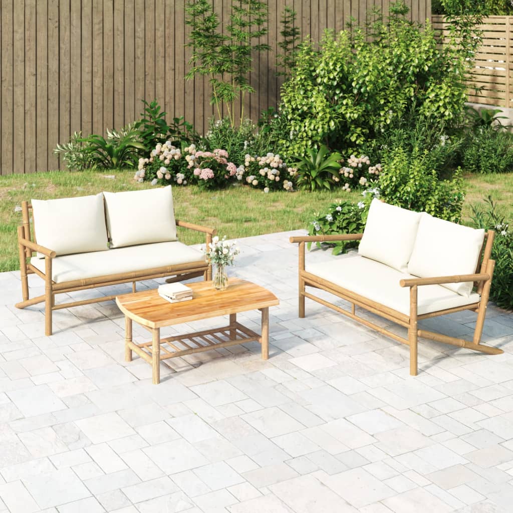 vidaXL 3-tlg. Garten-Lounge-Set mit Kissen Creme Bambus