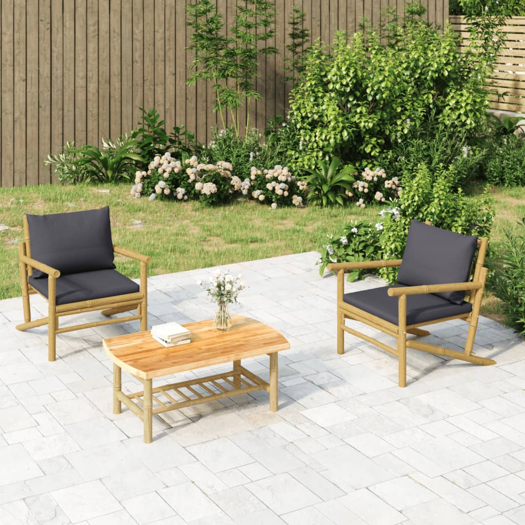 Salon de jardin 3 pcs avec coussins gris foncé bambou