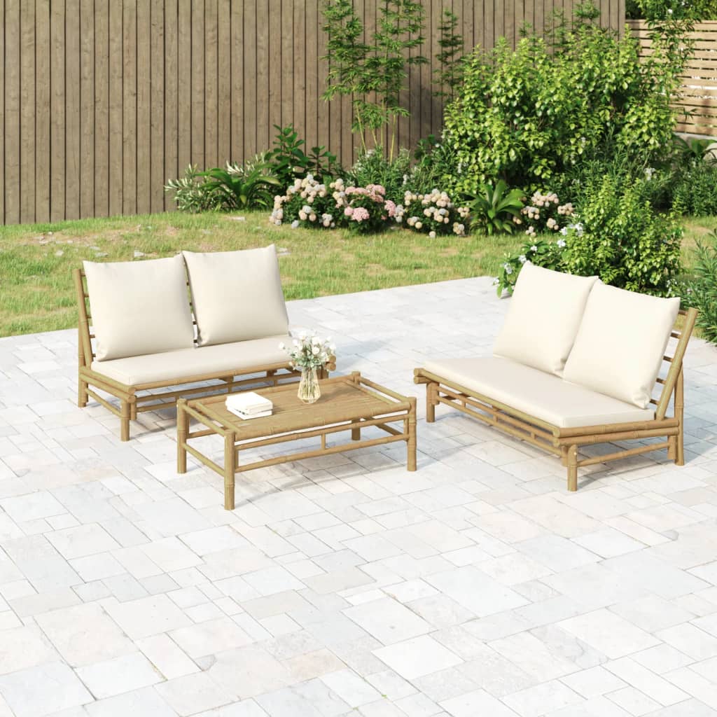 vidaXL Salon de jardin 3 pcs avec coussins blanc crème bambou