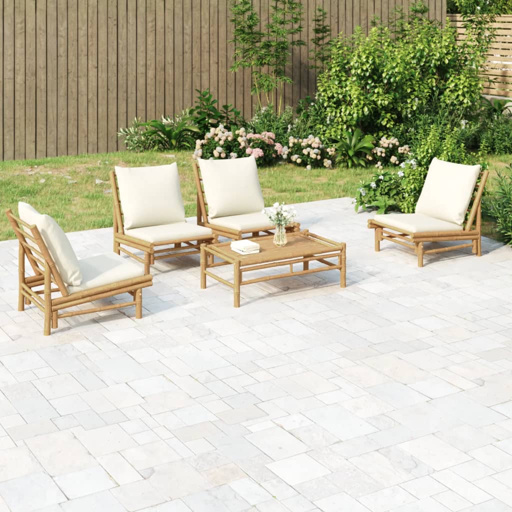 Salon de jardin 5 pcs avec coussins blanc crème bambou