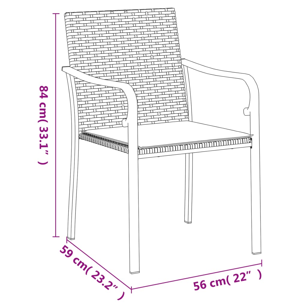 2 db fekete polyrattan kerti szék párnával 56 x 59 x 84 cm