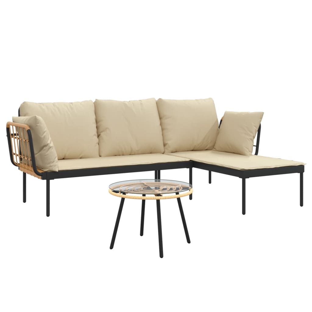 vidaXL 3-delige Loungeset met kussens poly rattan beige afbeelding