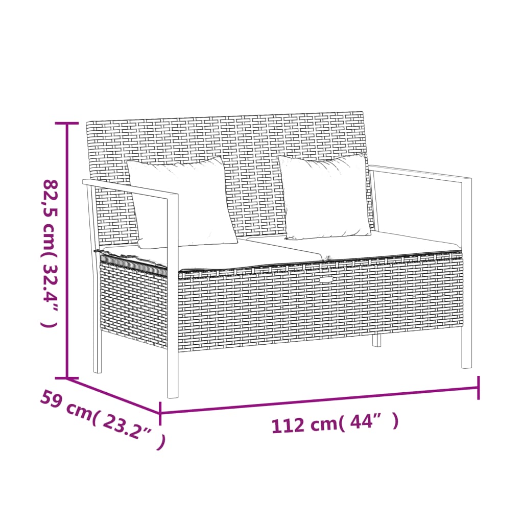 2 személyes barna polyrattan kerti kanapé párnával