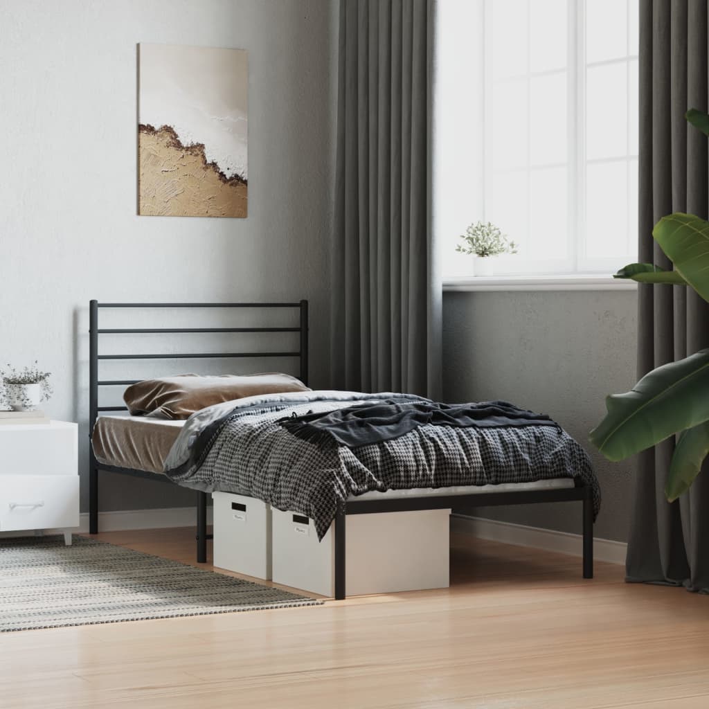 Cadru pat metalic cu tăblie, negru, 90x200 cm