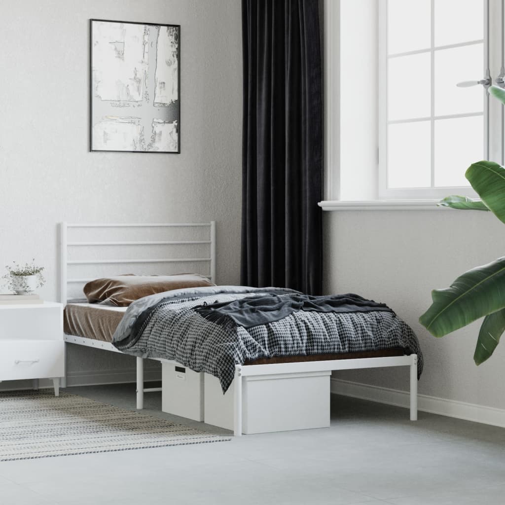 Cadru de pat din metal cu tăblie, alb, 107x203 cm