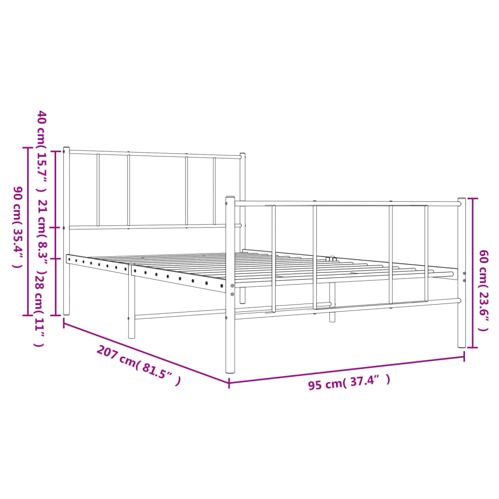 Metalni okvir kreveta uzglavlje i podnožje crni 90 x 200 cm