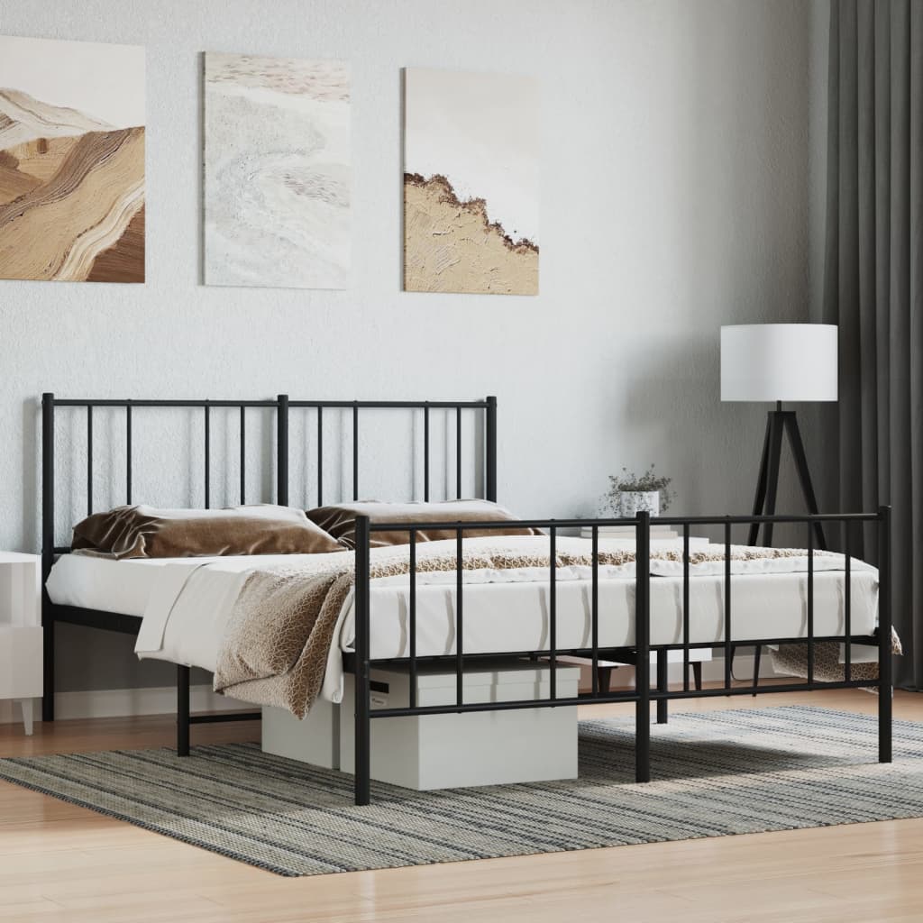 Cadru pat metalic cu tăblie de cap/picioare, negru, 160x200 cm