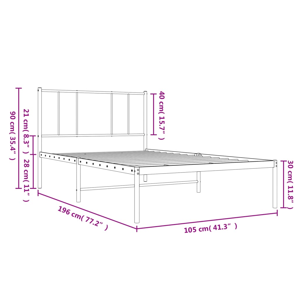 Metalni okvir za krevet s uzglavljem bijeli 100x190 cm