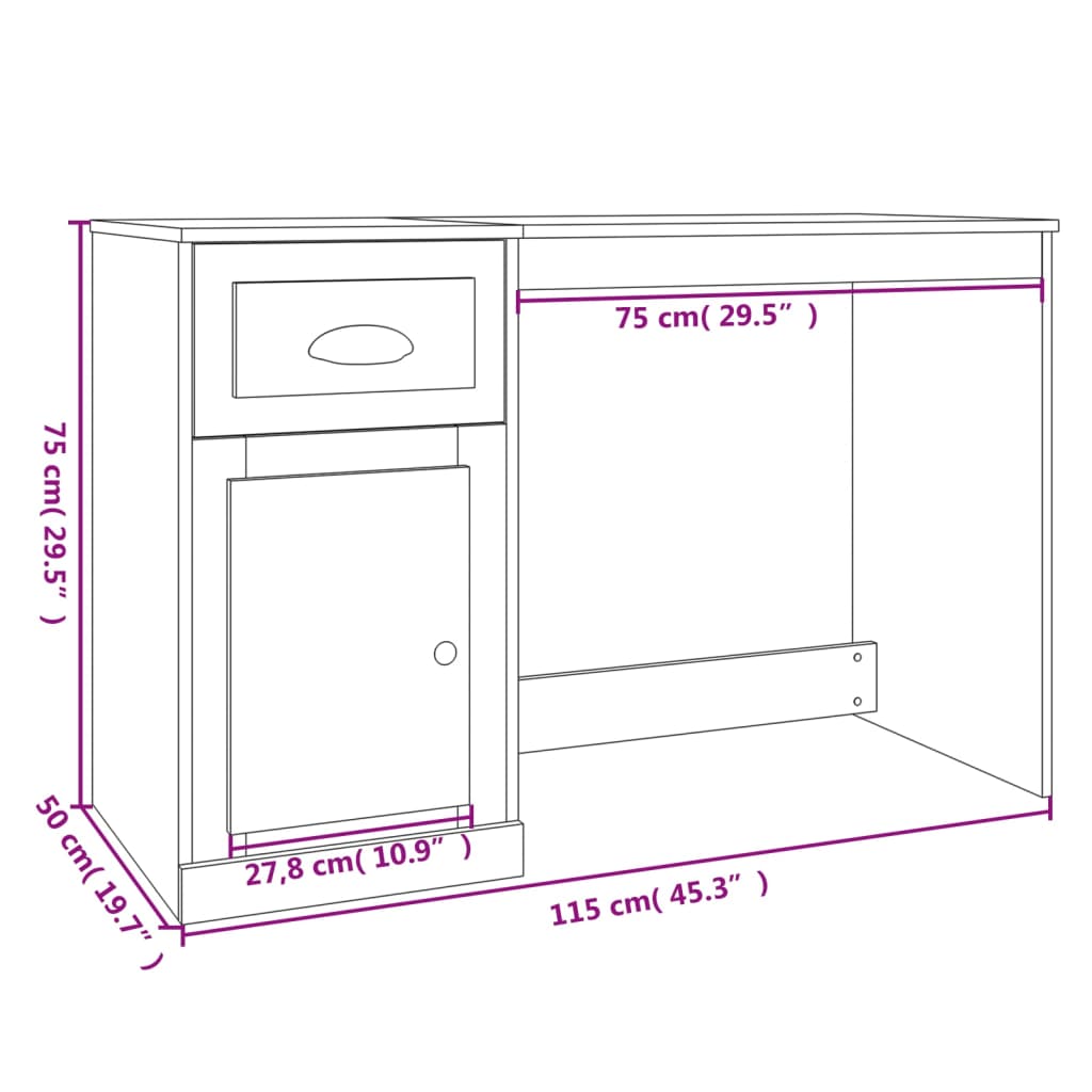 imagem de vidaXL Secretária c/ gaveta 115x50x75cm deriv madeira branco brilhante11