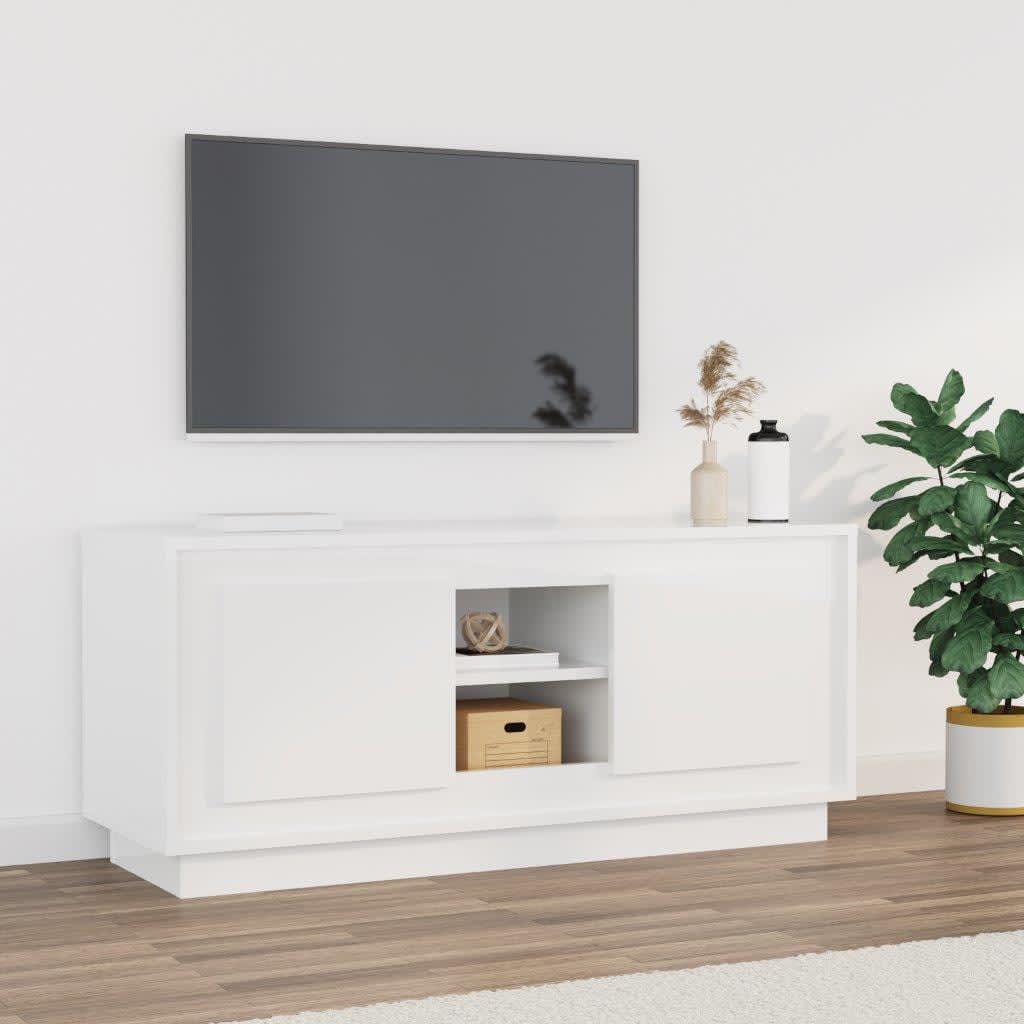 vidaXL Comodă TV, alb extralucios, 102x35x45 cm, lemn prelucrat