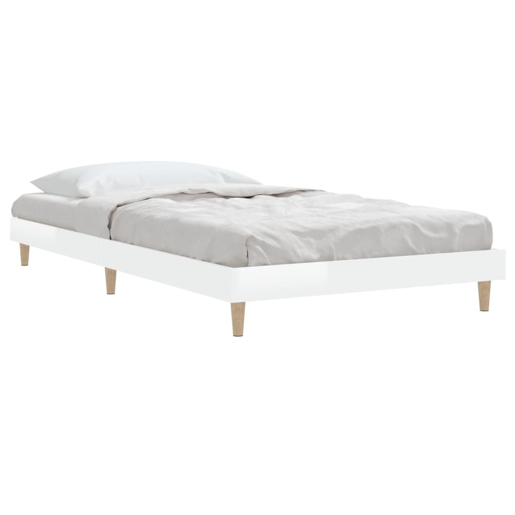magasfényű fehér szerelt fa ágykeret 100 x 200 cm