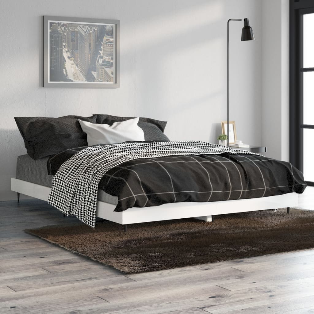 Cadru de pat, alb extralucios, 135x190 cm, lemn prelucrat
