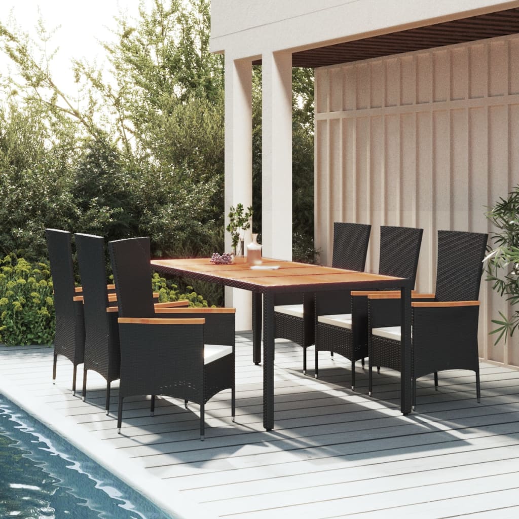 vida XL 7-tlg. Garten-Essgruppe mit Kissen Schwarz Poly Rattan