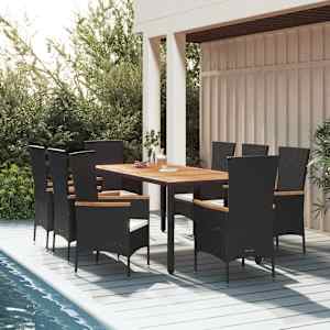 Vrtna jedilna garnitura 9-delna z blazinami črn poli ratan