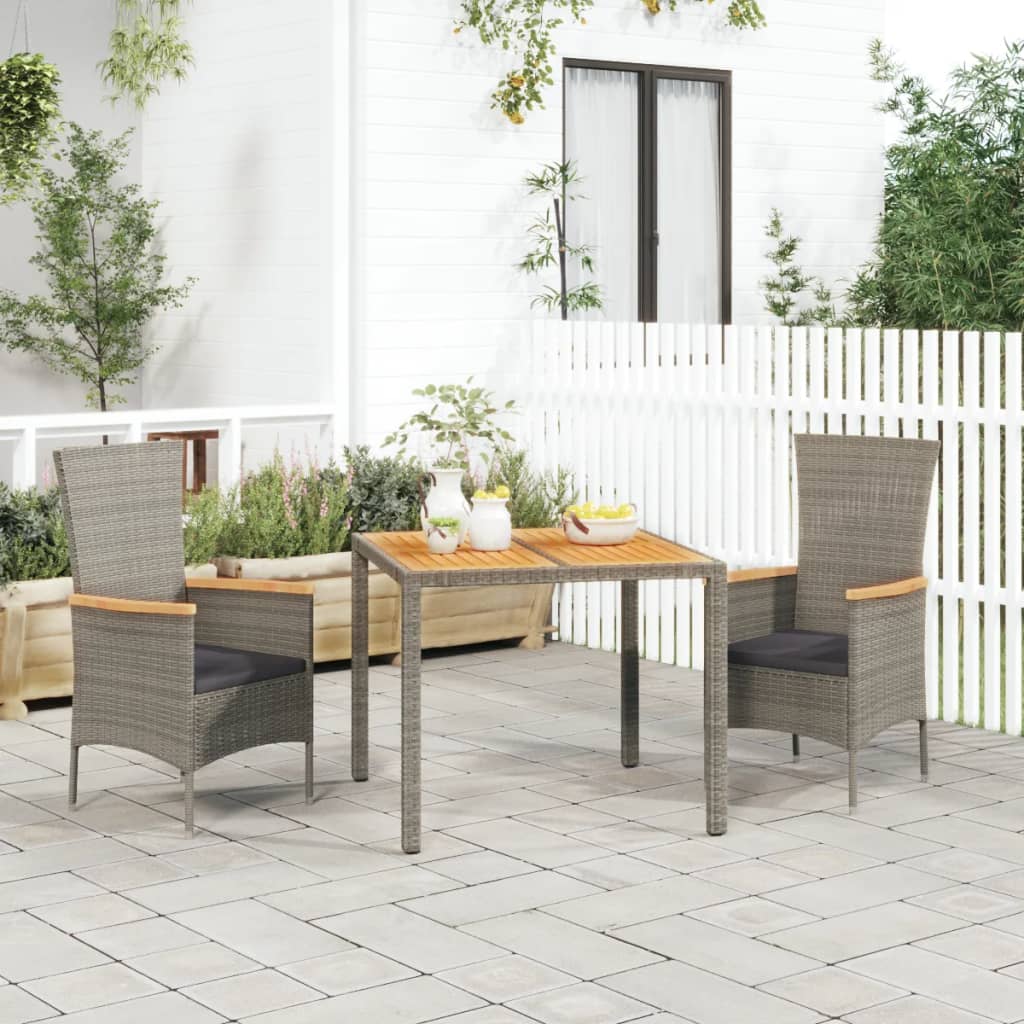 vidaXL 3-tlg. Garten-Essgruppe mit Kissen Grau Poly Rattan