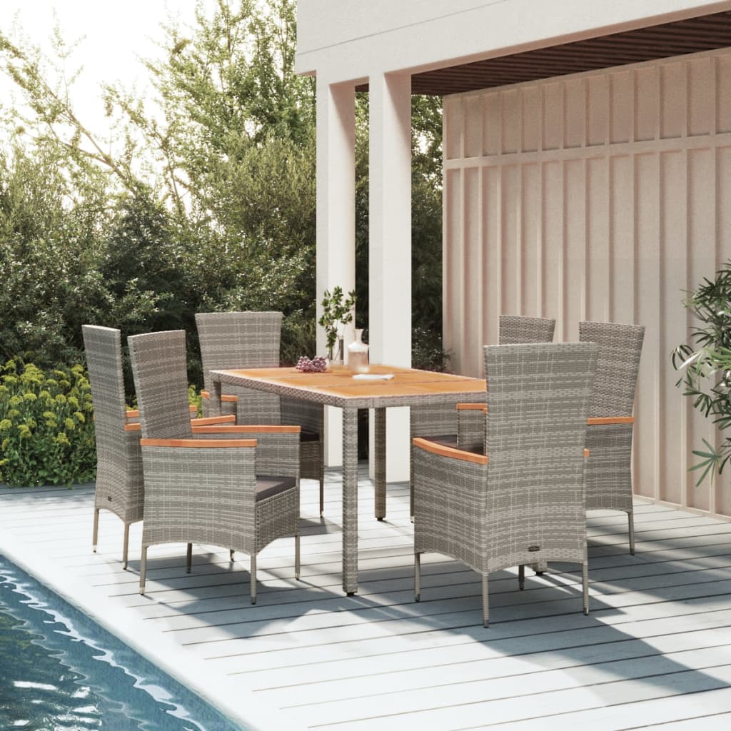 Mobilier à dîner de jardin et coussins 7 pcs gris rotin