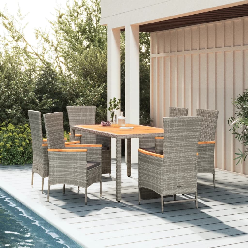 Mobilier à dîner de jardin et coussins 7 pcs gris rotin