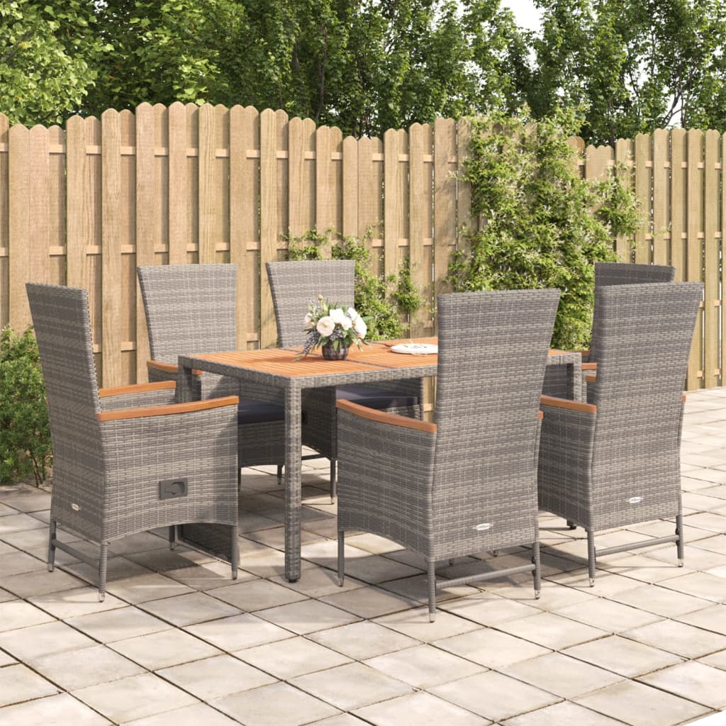 vidaXL Mobilier à dîner de jardin et coussins 7 pcs gris rotin