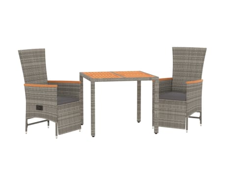 vidaXL 3 Piece Garden Dining Set with Cushions Grey Poly Rattan