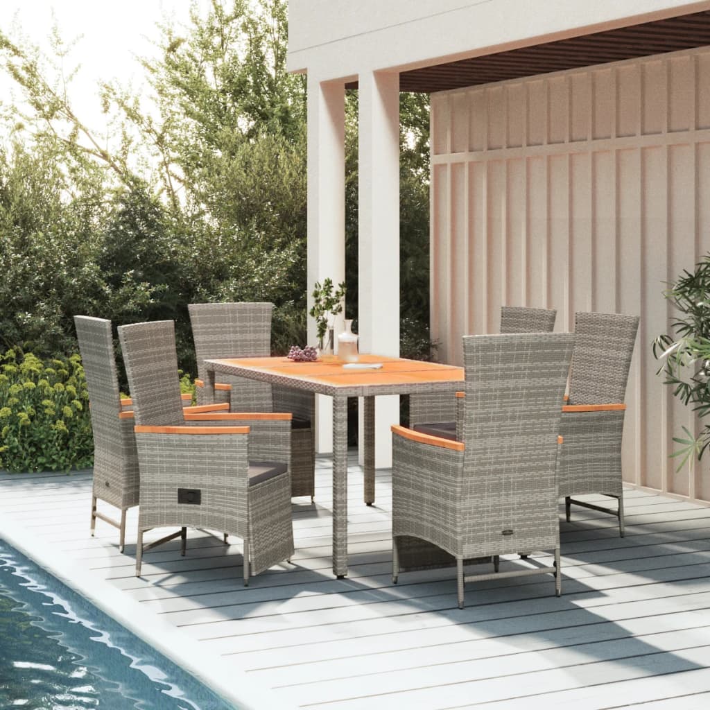 vidaXL 7-tlg. Garten-Essgruppe mit Kissen Grau Poly Rattan