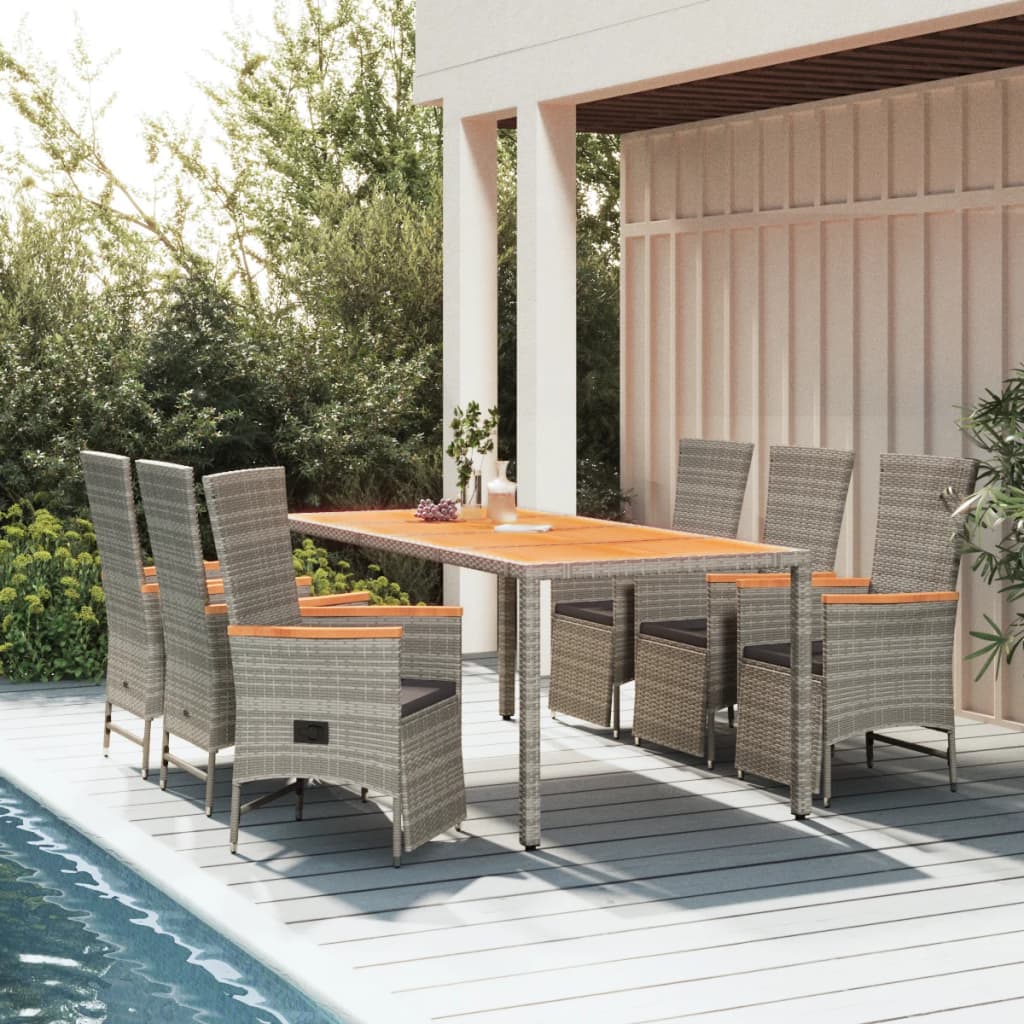 Mobilier à dîner de jardin et coussins 7 pcs gris rotin